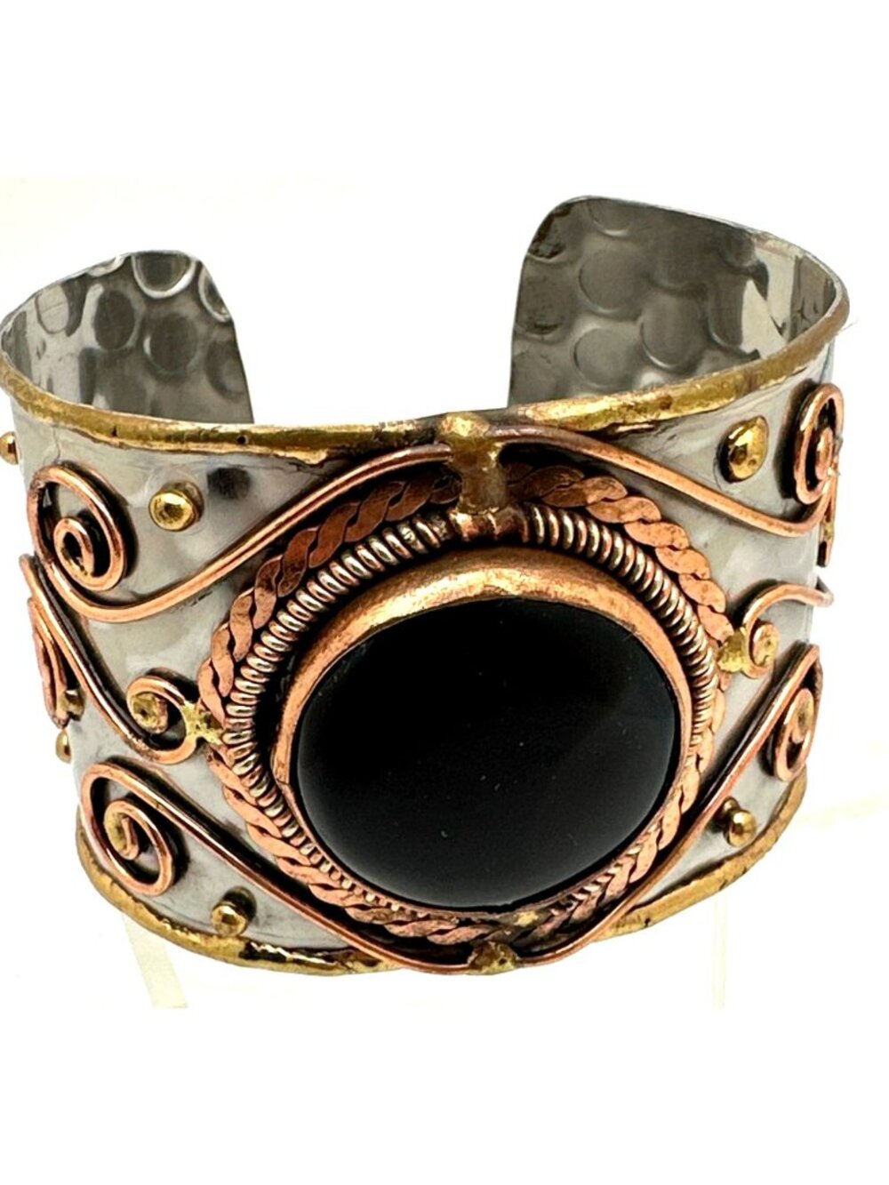 Black Stone Hammered Cuff Bracelet Mixed Tone Metal Western Rustic Boho